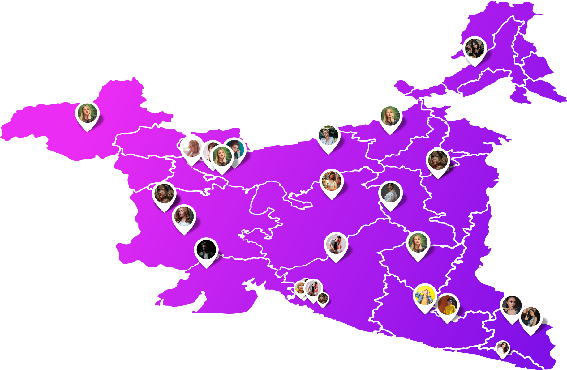 Map of indian showing SocialCelebrity Influencer across the country.